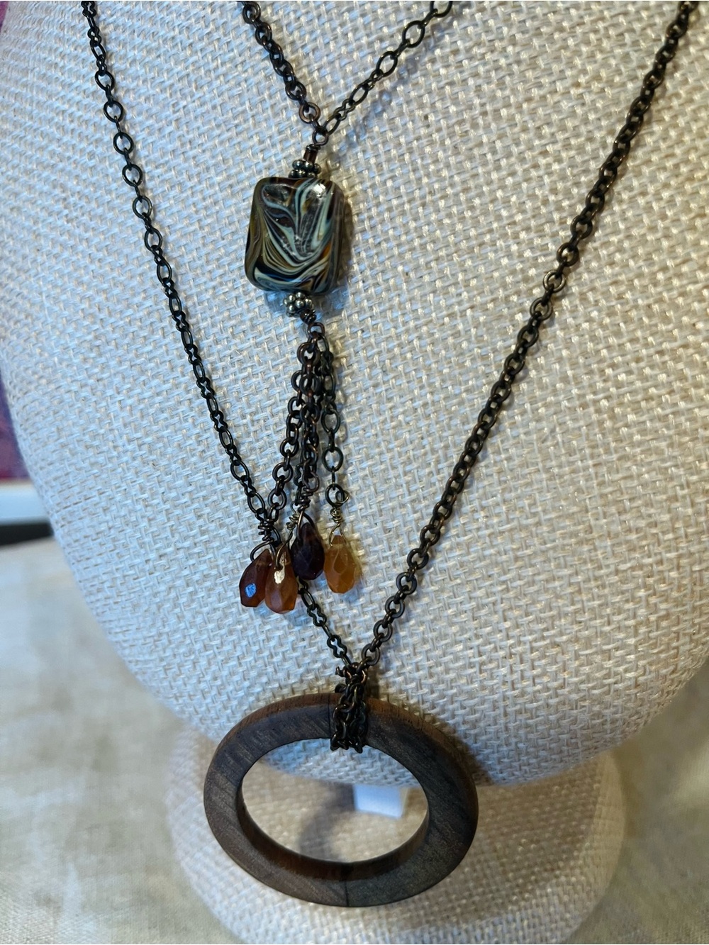 🌈 3/$10 Layered Black Chain Necklace with Natural Wood Circle and Amber Accents